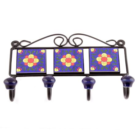 Navy Blue And Yellow Floral Tiles Hooks